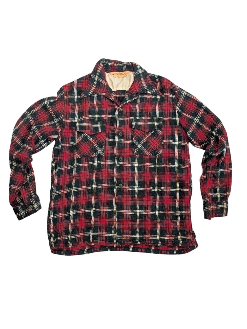 Vintage 1950's Wool Loop Collar Button Up Plaid Shirt Meadow Brook Maxwell King